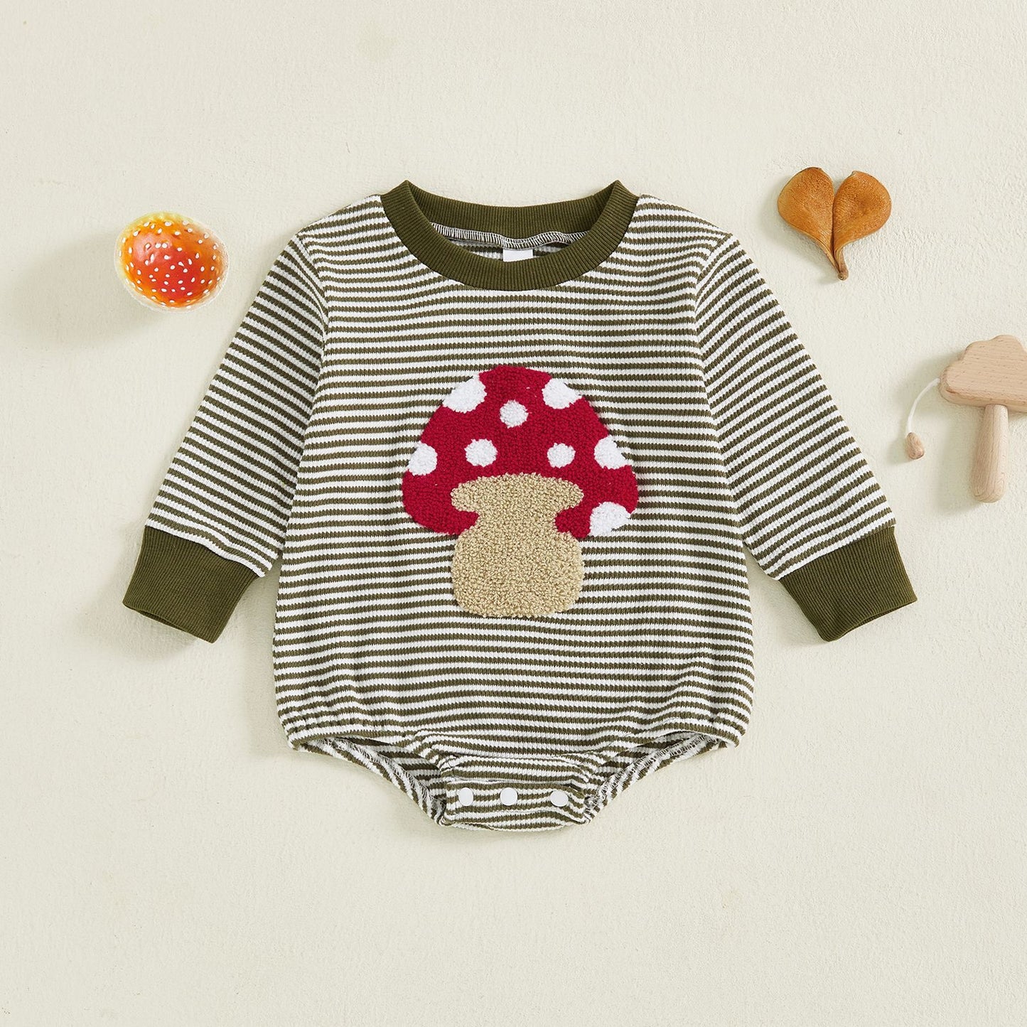 Mushroom Embroidered Long-sleeved Jumpsuit Waffle Striped Triangle Jumpsuit, Climbing Suit