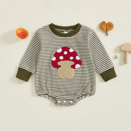 Mushroom Embroidered Long-sleeved Jumpsuit Waffle Striped Triangle Jumpsuit, Climbing Suit