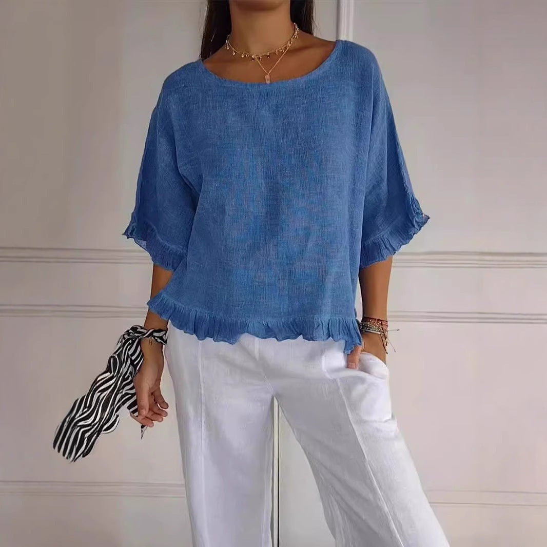 Women's Sleeve Stringy Seedge Round Neck Cotton Linen Solid Color Loose Shorts