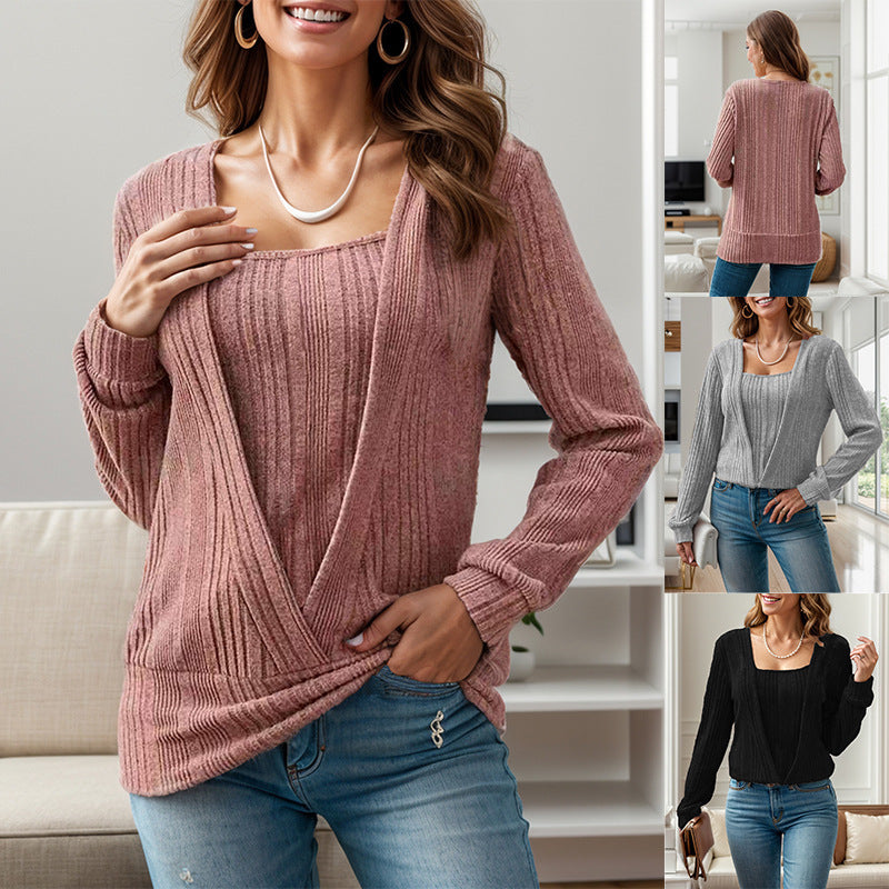 Color Fashion Sunken Stripe Square Collar Women's T-shirt