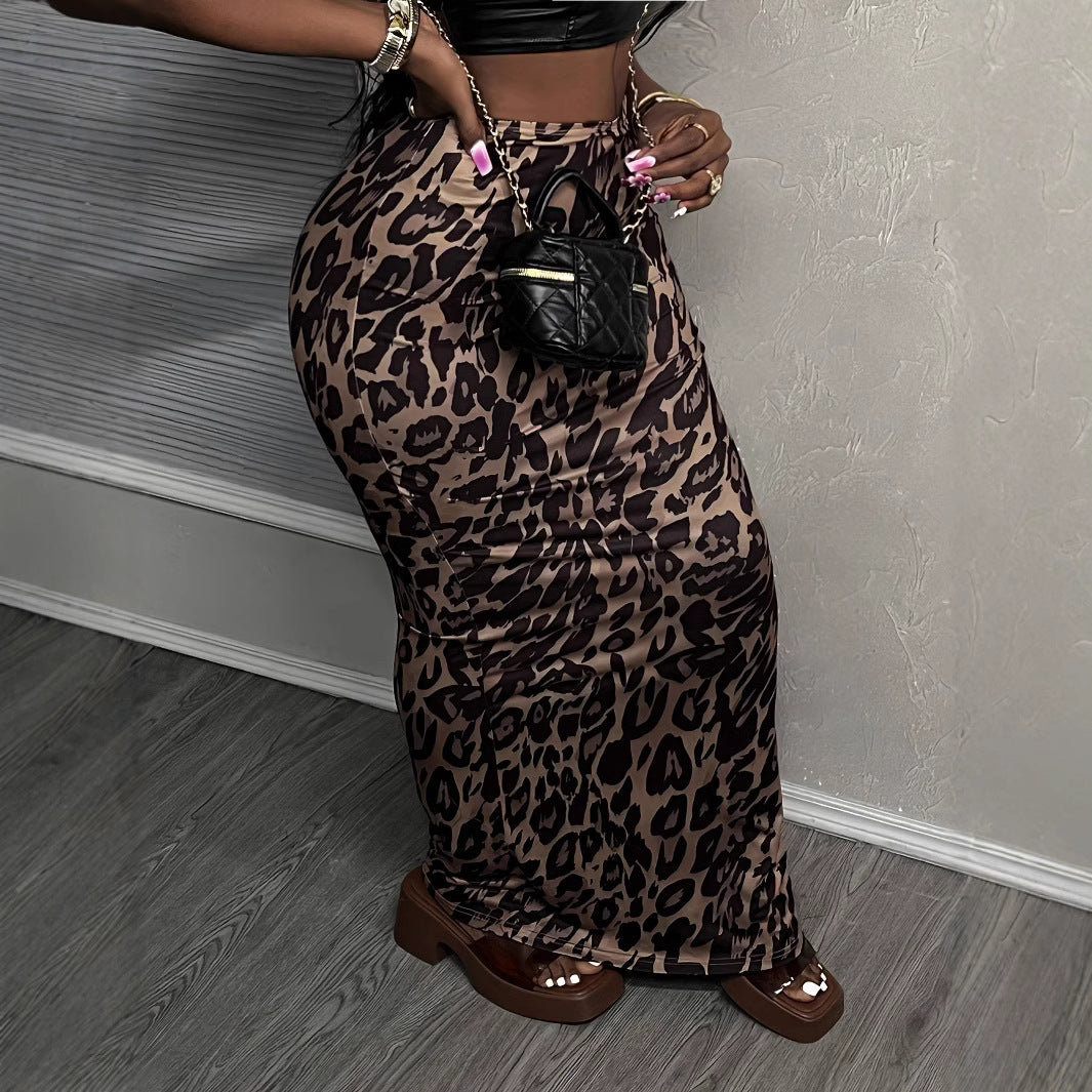 Women's Vacation Leopard Print Elastic Knitted Fishtail Slim Fit Waist Sheath Skirt