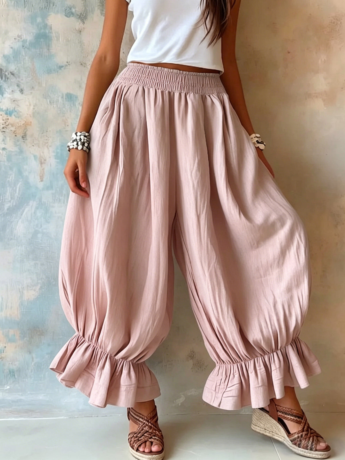 Women's Summer Loose Cotton Linen Ruffled Bloomers Casual Pants