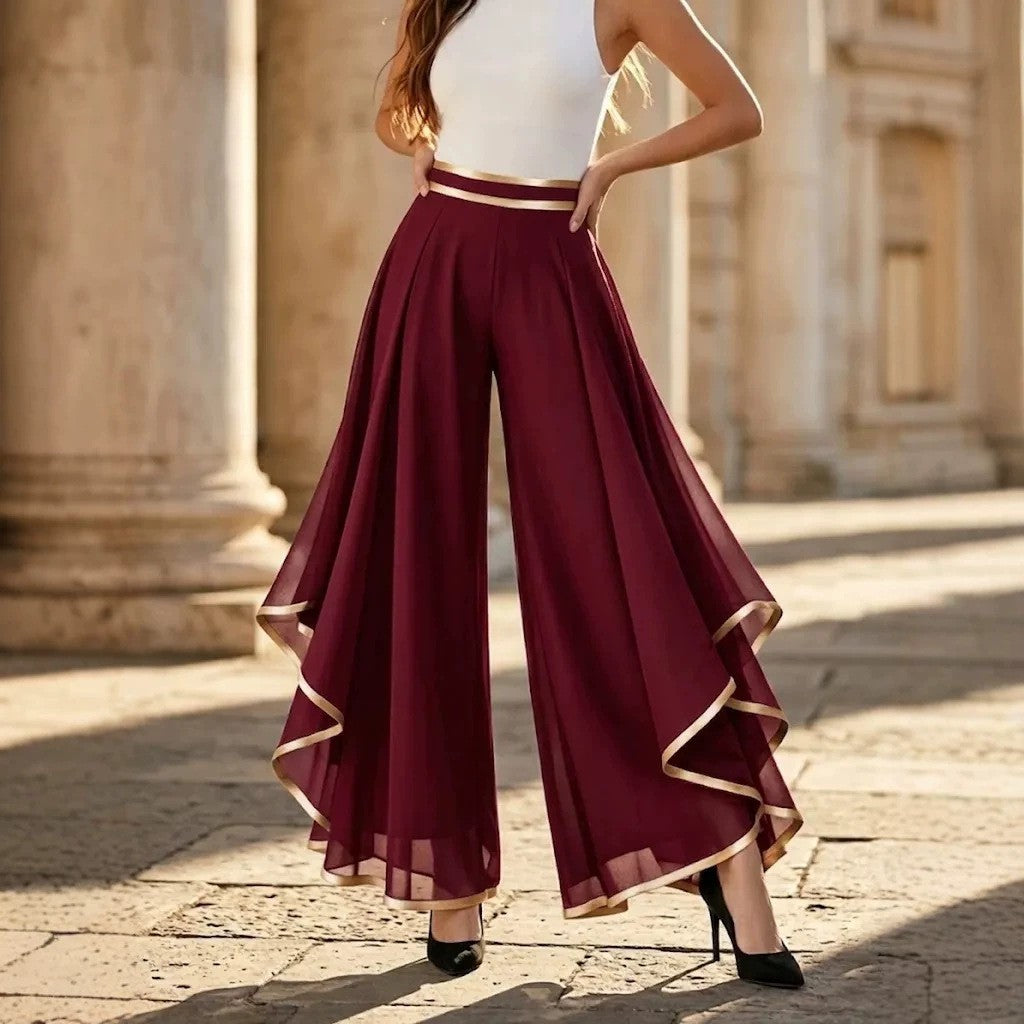 Women's Fashion Stitching Rolled Chiffon High Waist Casual Pants