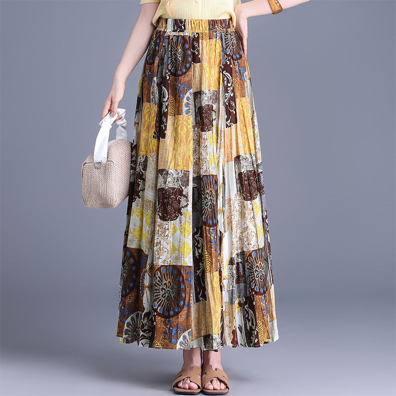 Women's Vacation Ethnic Style Contrast Color Floral Pleated Elastic High Waist Skirt