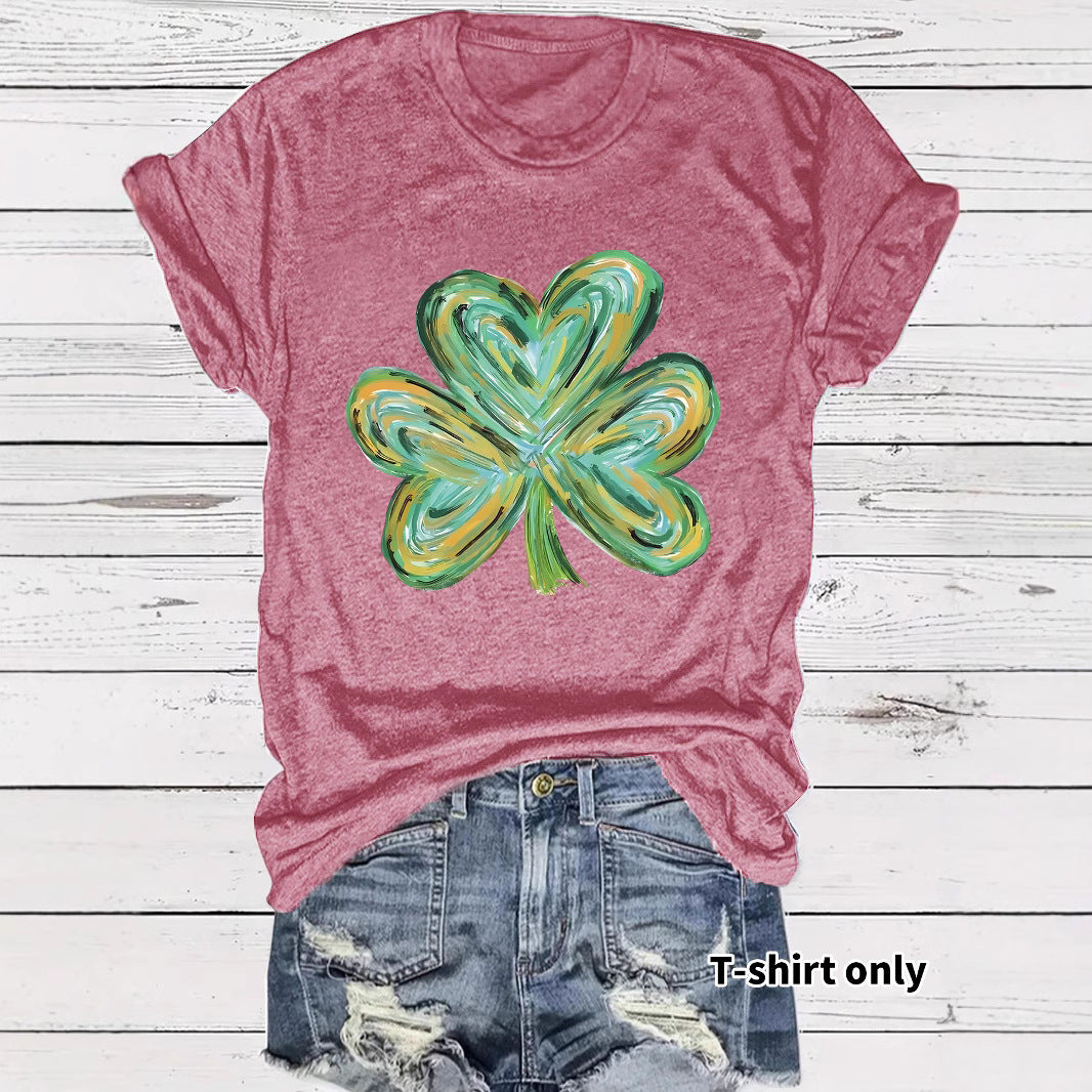 Women's Summer Green Clover Print Round Neck Clothing
