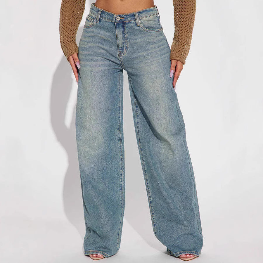 Women's Spring Retro Wide Leg Embroidered Elastic Straight Casual Jeans