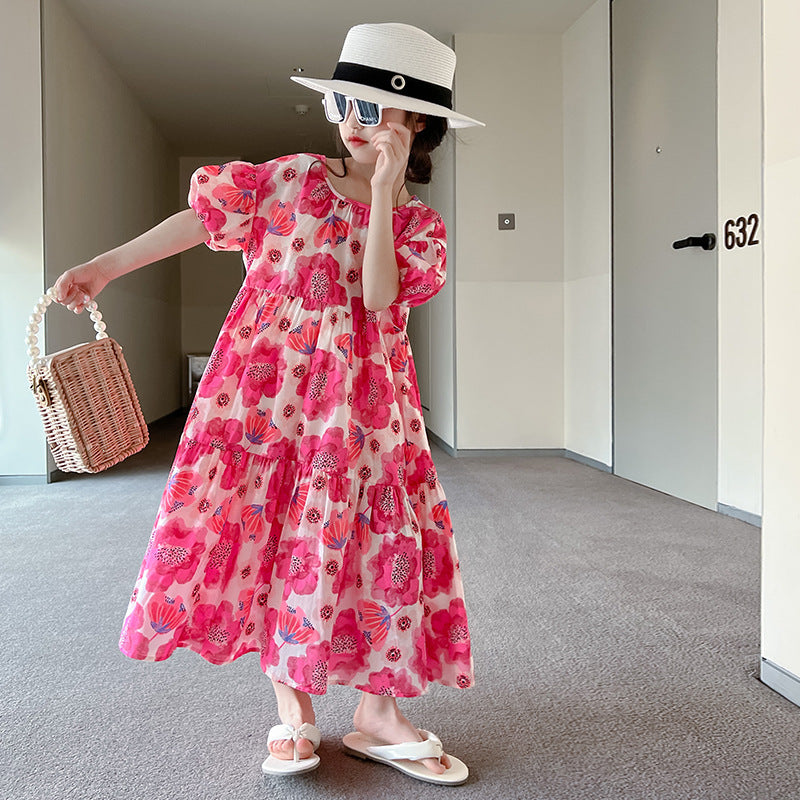 Children's Big Flower Summer Loose Western Style Korean Floral Lazy For Children's Dress