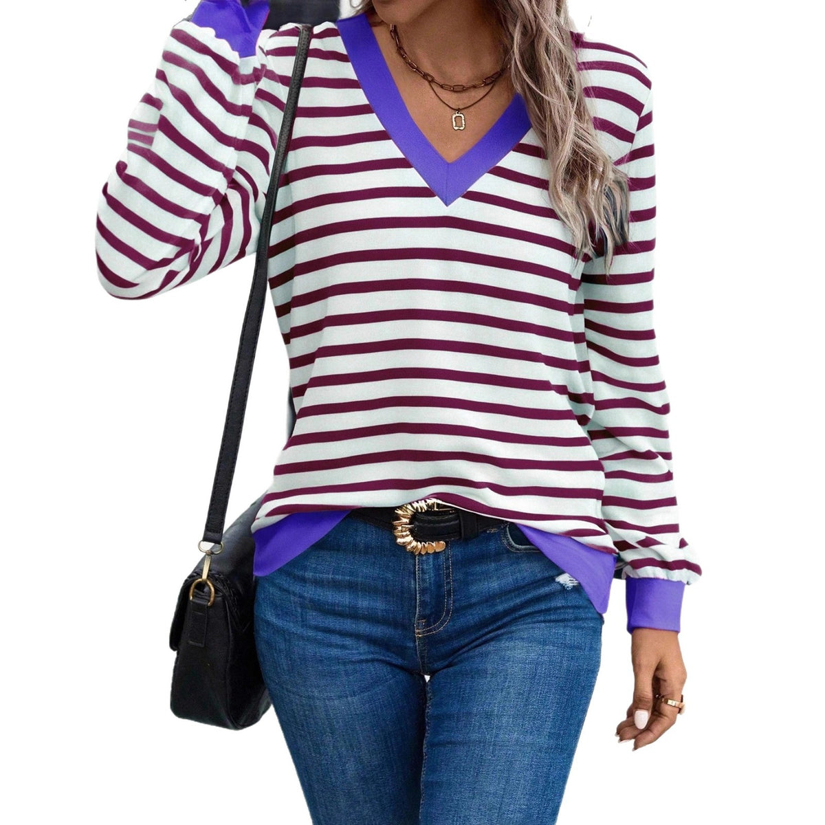 Women's Casual Striped V Neck Pullover Long Women's T-shirt