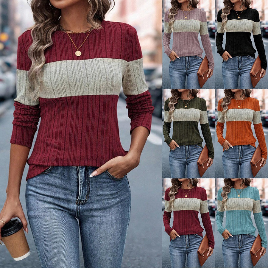 Autumn Color Contrast Patchwork Round Neck Long Women's T-shirt