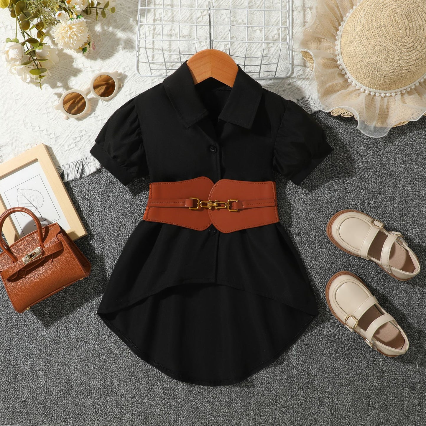 Lantern Short Sleeve Lapel Loose Single-breasted A- Line Shirt Children's Suit