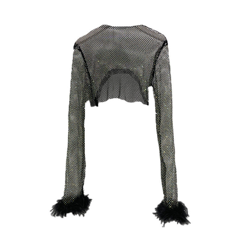 Fashion Rhinestone Long Sleeve Shiny Cuff Ostrich Tops