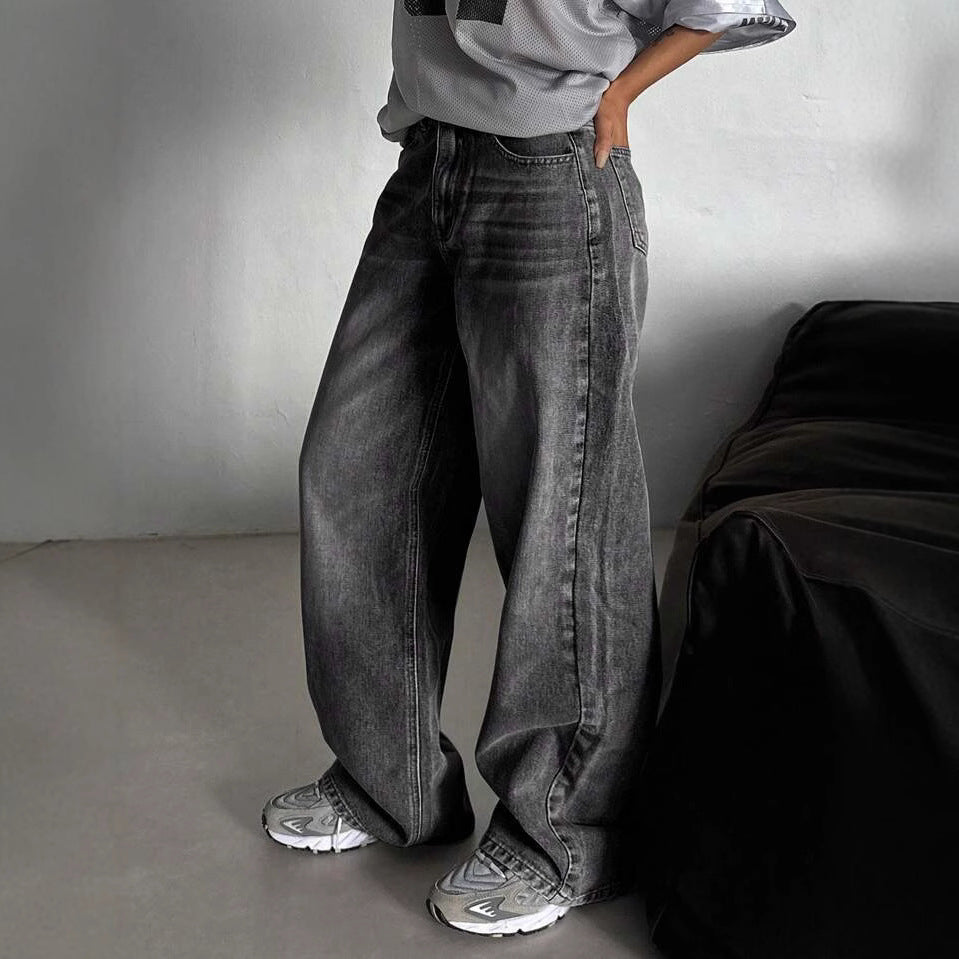 Women's Gray Distressed Autumn Design High Waist Slimming Washed Jeans