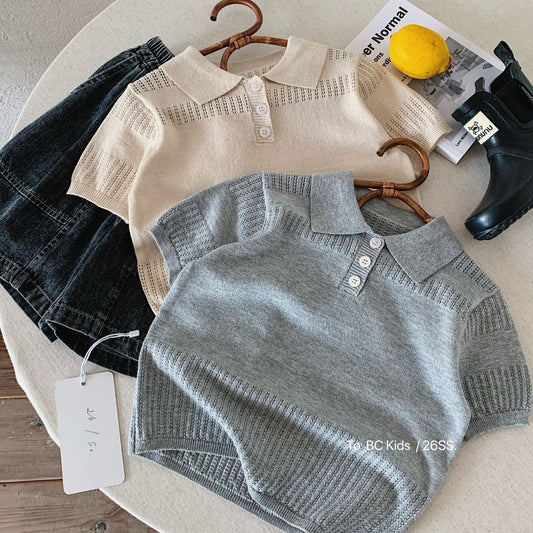 Children's Knitting Short Sleeve Shirt Summer Polo Collar Solid Color Thin Children's T-shirt