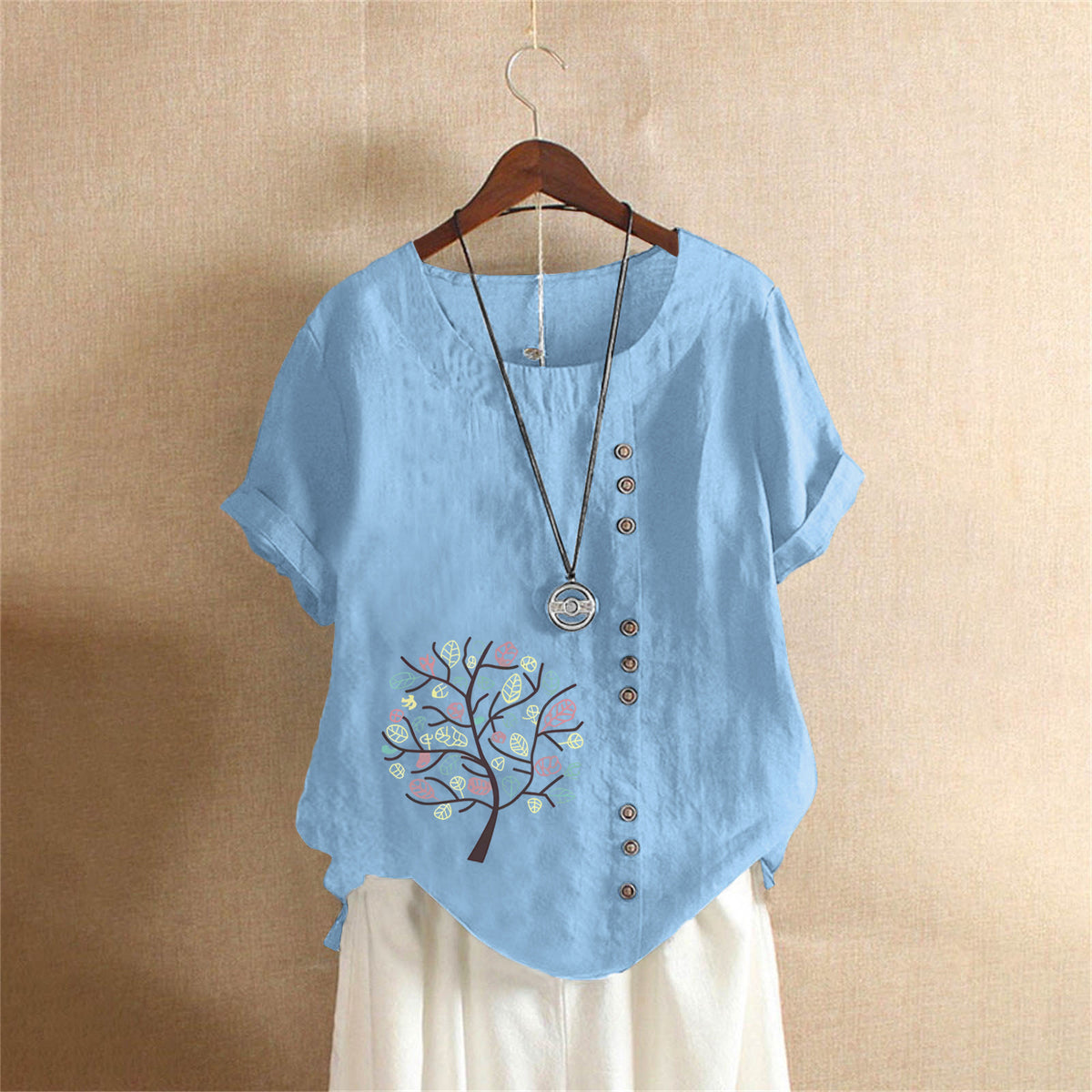 Women's Retro Large Casual Loose Cotton Linen Sleeve Pullover Happiness Women's T-shirt
