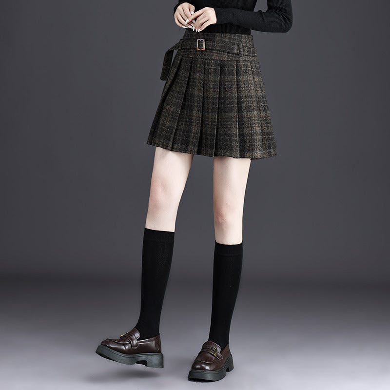 Women's Gray Plaid Pleated Thick High Waist A- Skirt