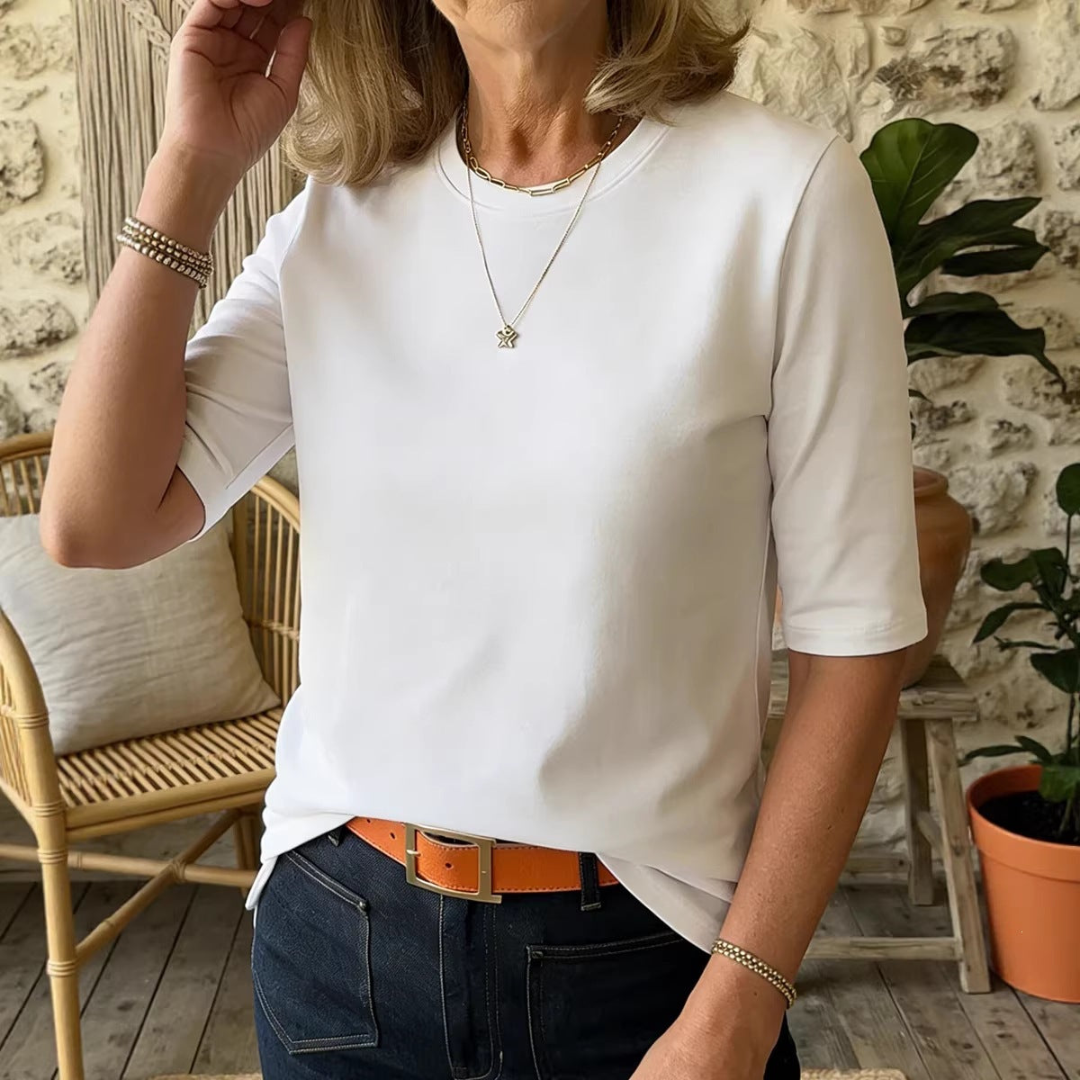 Women's Casual Round Neck Shoulder Half Sleeve Women's T-shirt