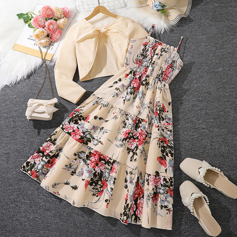 Children's Older Clothing Spring Sweet Floral Suspender Children's Suit