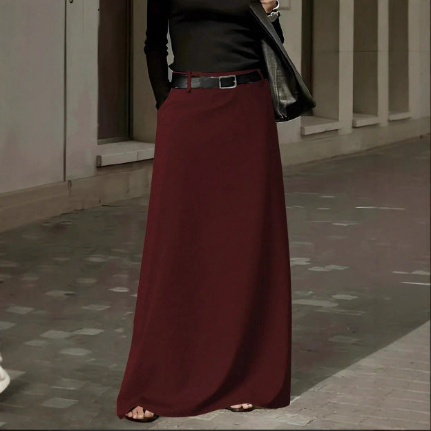 Women's Elegant Style High Waist Solid Color Pocket Large Swing Skirt