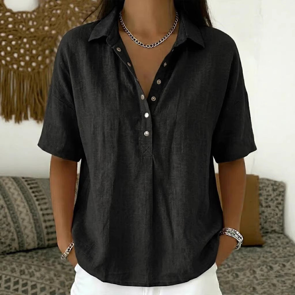 Women's Summer Loose Snap Fastener Lapel Sleeve Solid Color Women's T-shirt