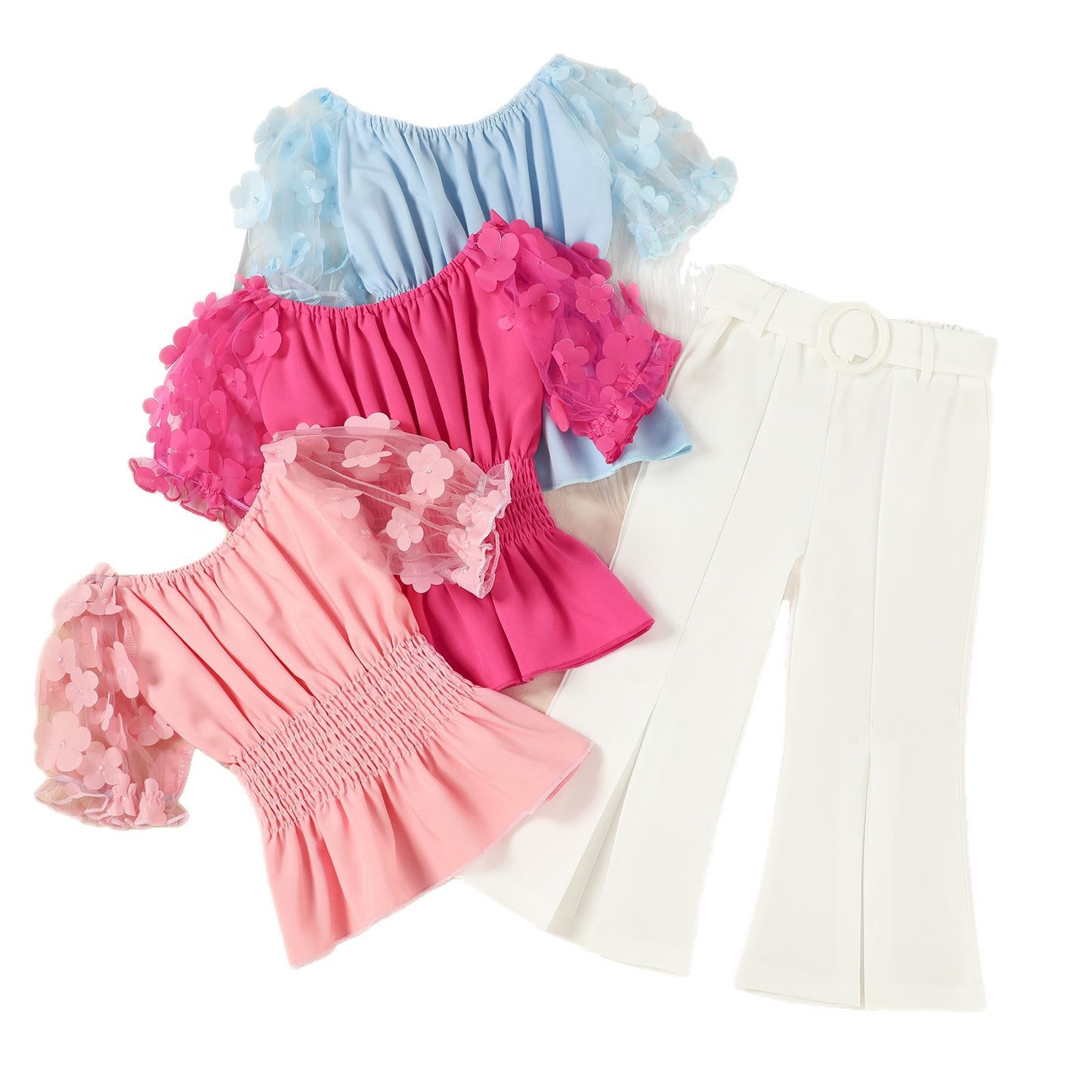 Mesh Puff Sleeve Smocking Top Solid Color Flared Pants Belt Children's Suit
