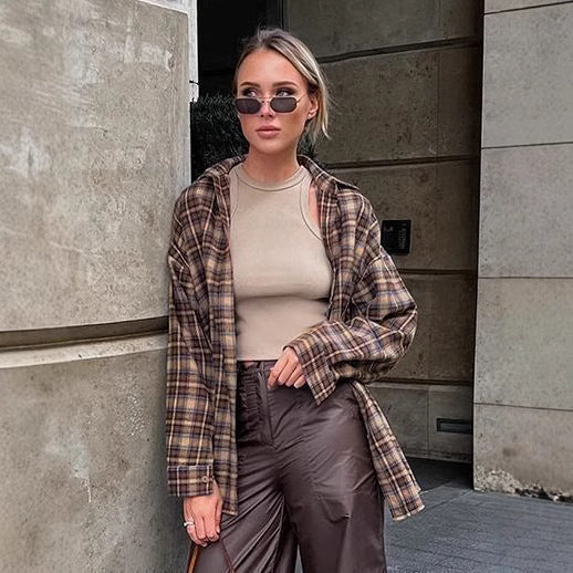Women's Retro Plaid Shirt Long Design Base Blouse