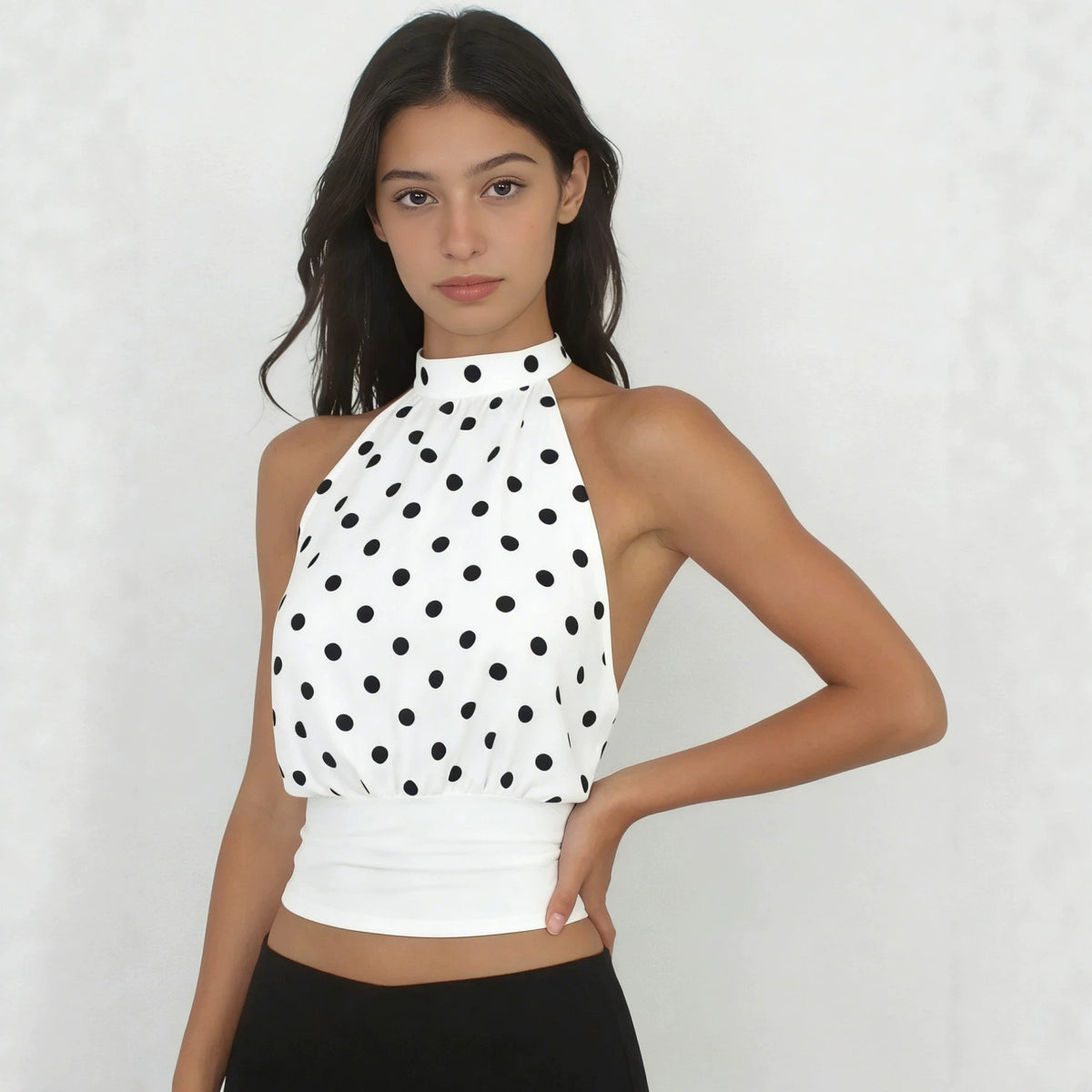 Women's French Polka Dot Elegance Sleeveless Yoga Halter Lace Up Mesh Small Vest/suspenders/tube Top