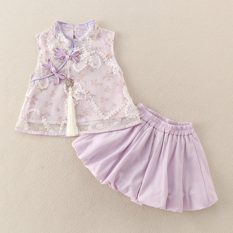 Children's Chinese Style Cheongsam Two-piece Hundred Days Banquet Graph Dress Jumpsuit, Climbing Suit