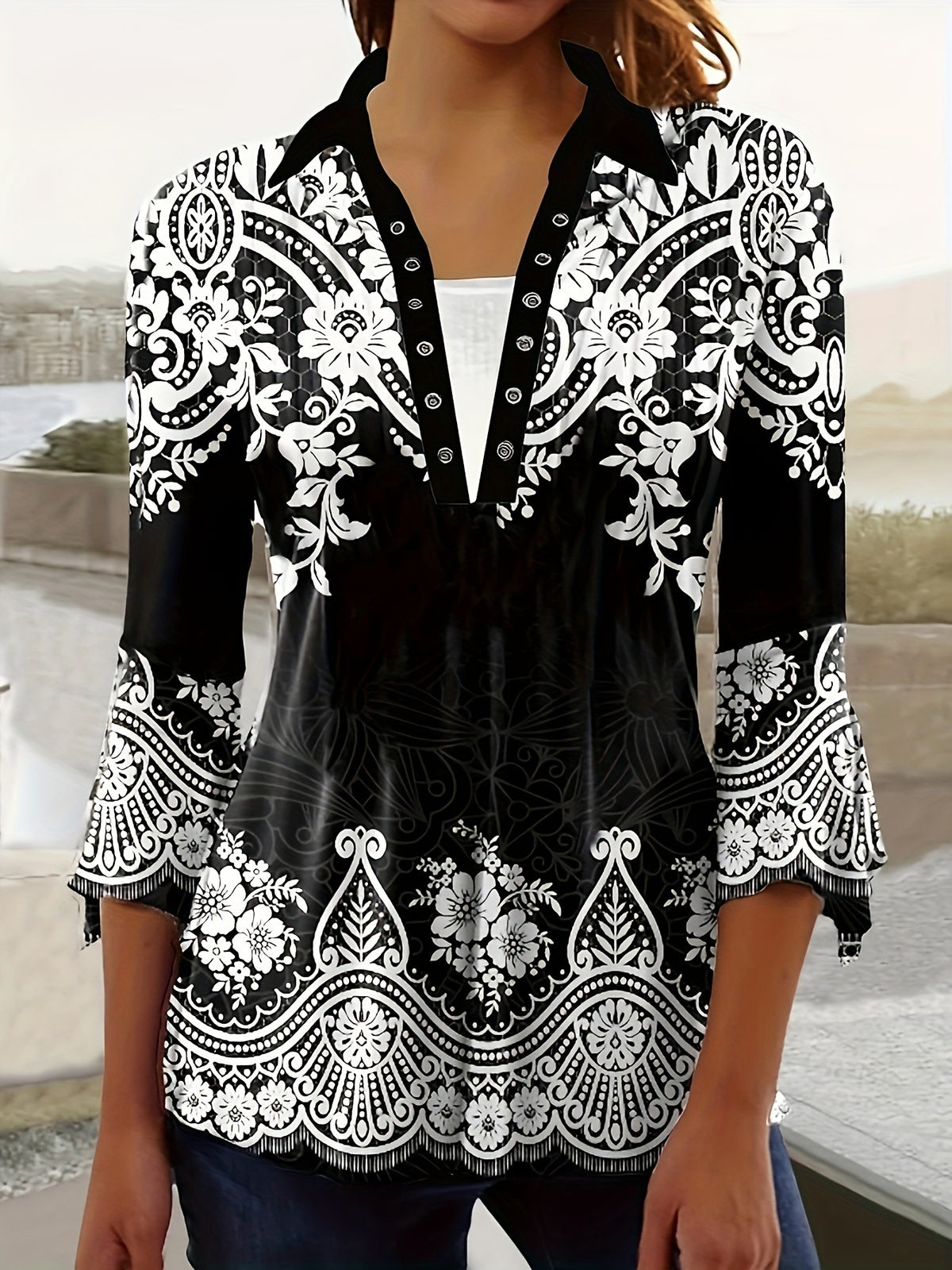 Autumn Print Polo Collar Irregular Sleeve Women's T-shirt
