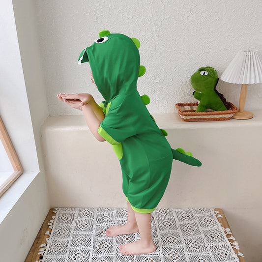 Children's Pajamas Summer Boy's Cotton Short-sleeved Boy Cartoon Dinosaur Romper Hooded Jumpsuit, Climbing Suit