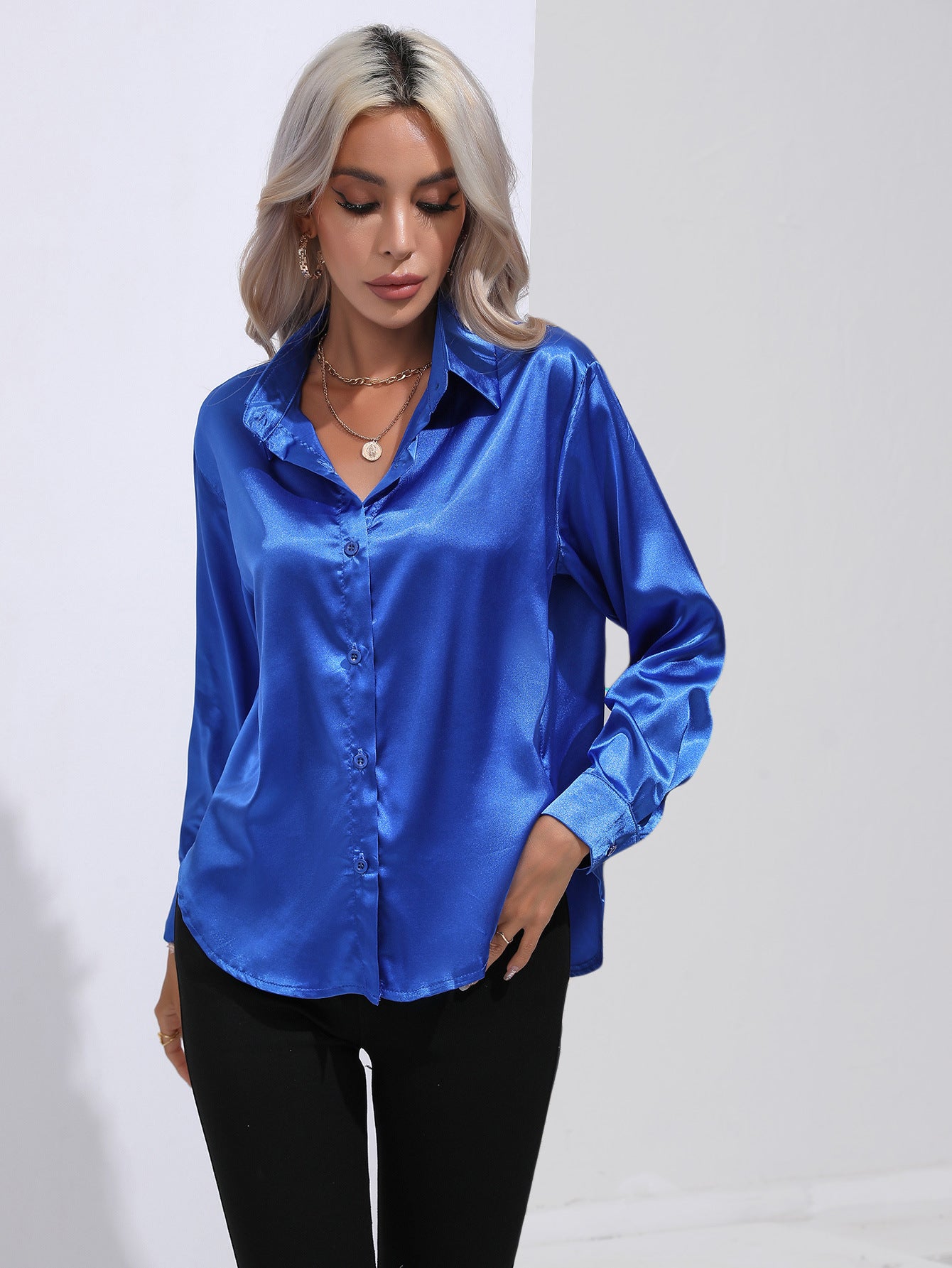 Glamorous Unique Women's Satin Shirt Long-sleeved Blouse