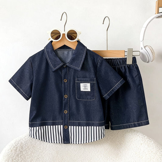Children's Summer Denim Trendy Korean Casual Fashion Lapel Shirt Shorts Two-piece Children's Suit