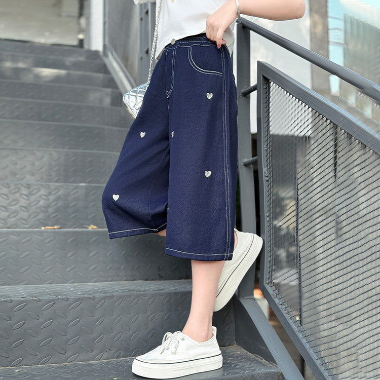 Summer Thin Medium Large Love Embroidered Cropped Junior High School Children's Pants