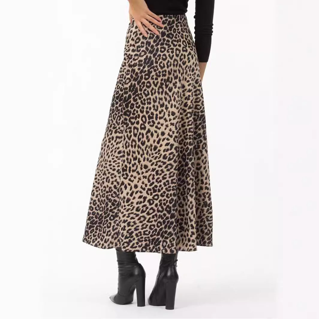 Satin Leopard Print Long Elastic Silky High Skirt