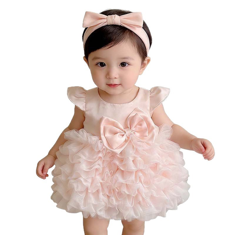 Summer Mesh Bubble Skirt Pink Large Bow Flounced Sleeve Days Children's Dress