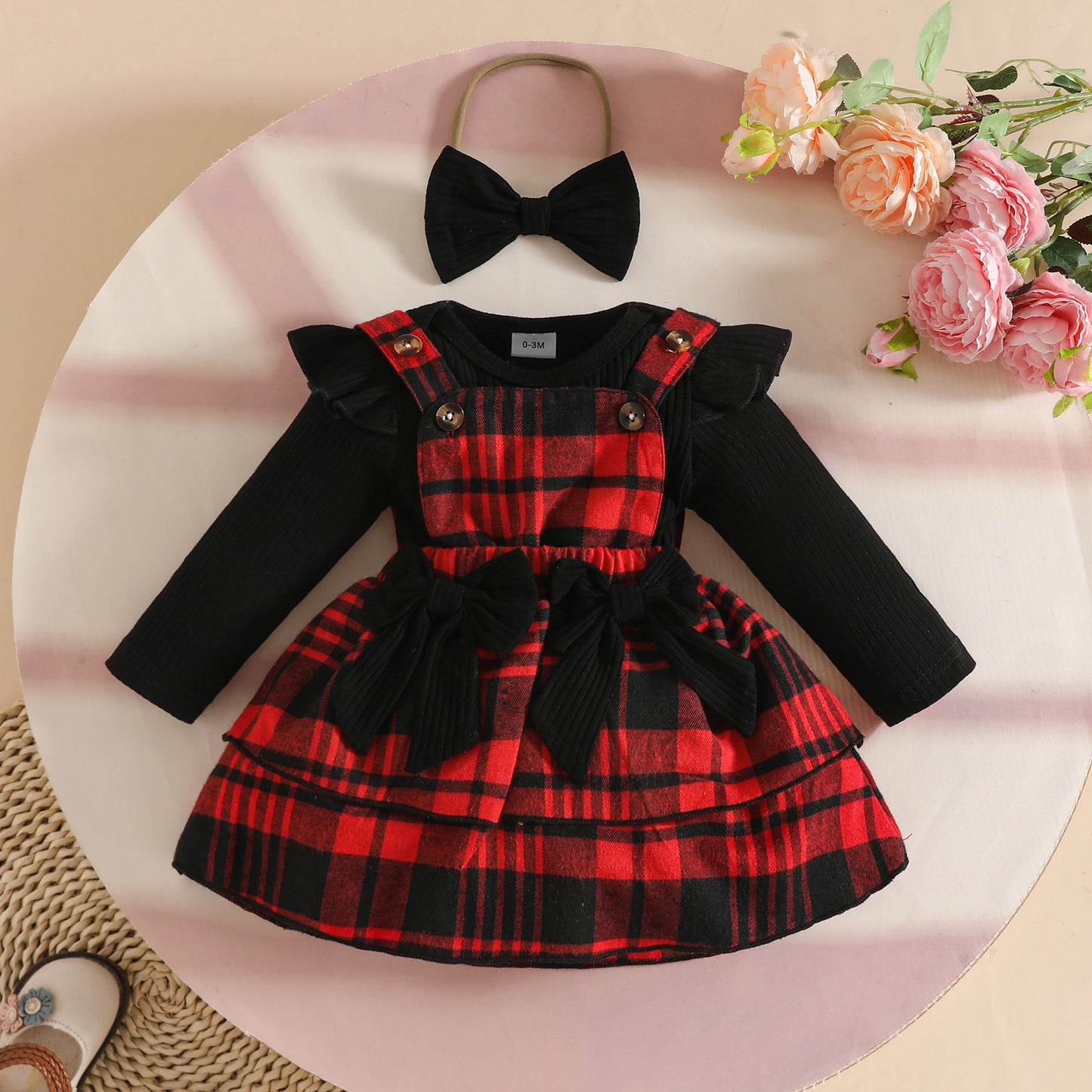 Stripe Long-sleeved Shirt Plaid Dress Hair Band Three-piece Children's Suit