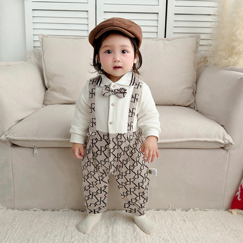 Jumpsuit Spring Boy's Rompers Bow Tie Letters Full Printed Strap Jumpsuit, Climbing Suit