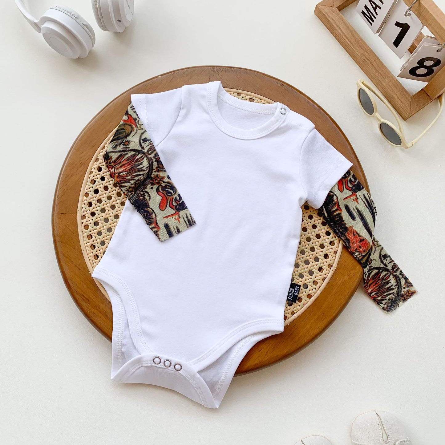 Fake Two-piece Tattoo Sleeve Romper Cotton Boy Triangle Jumpsuit, Climbing Suit