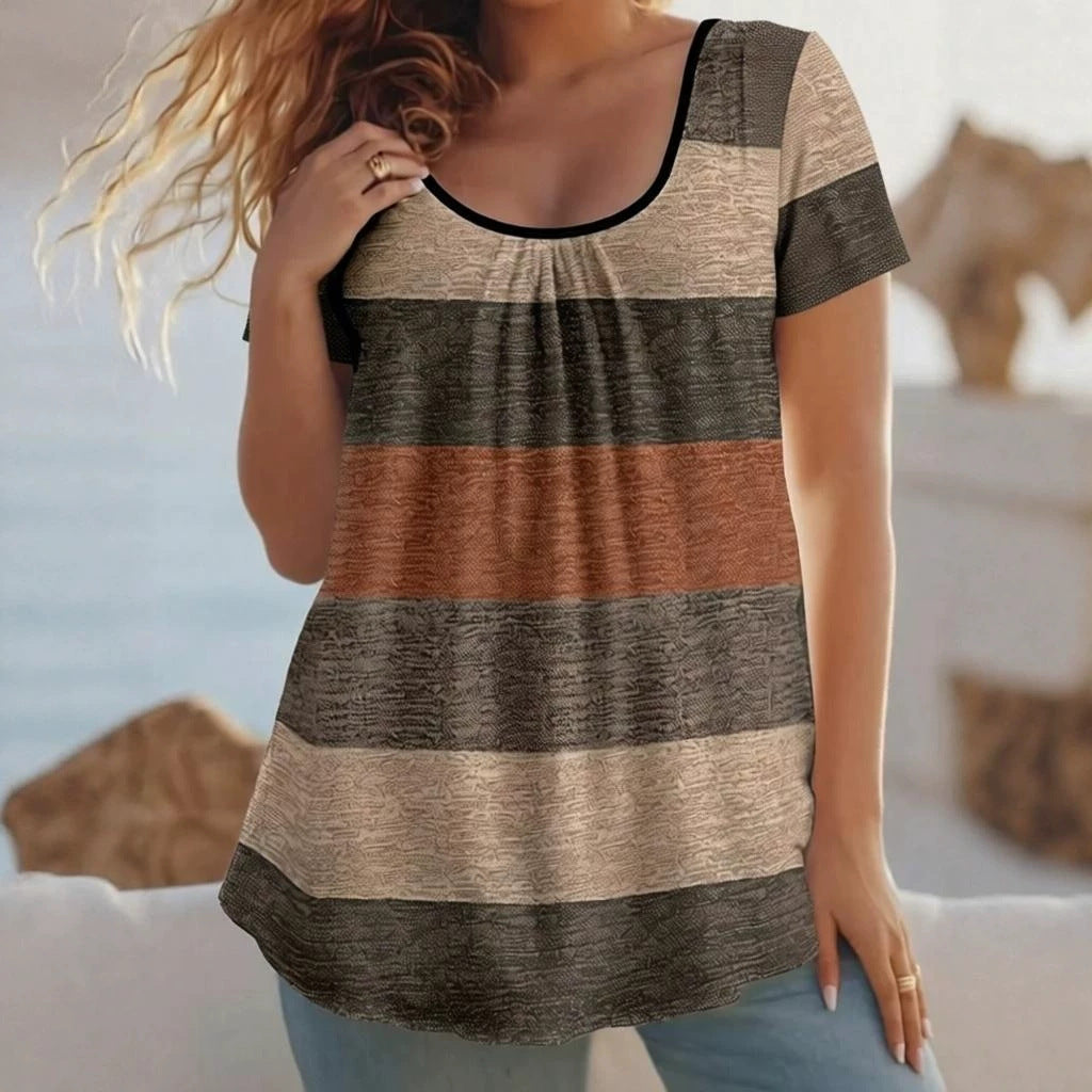 Women's Front Chest Pleated Elegant Sleeve Color Large Size T-shirt