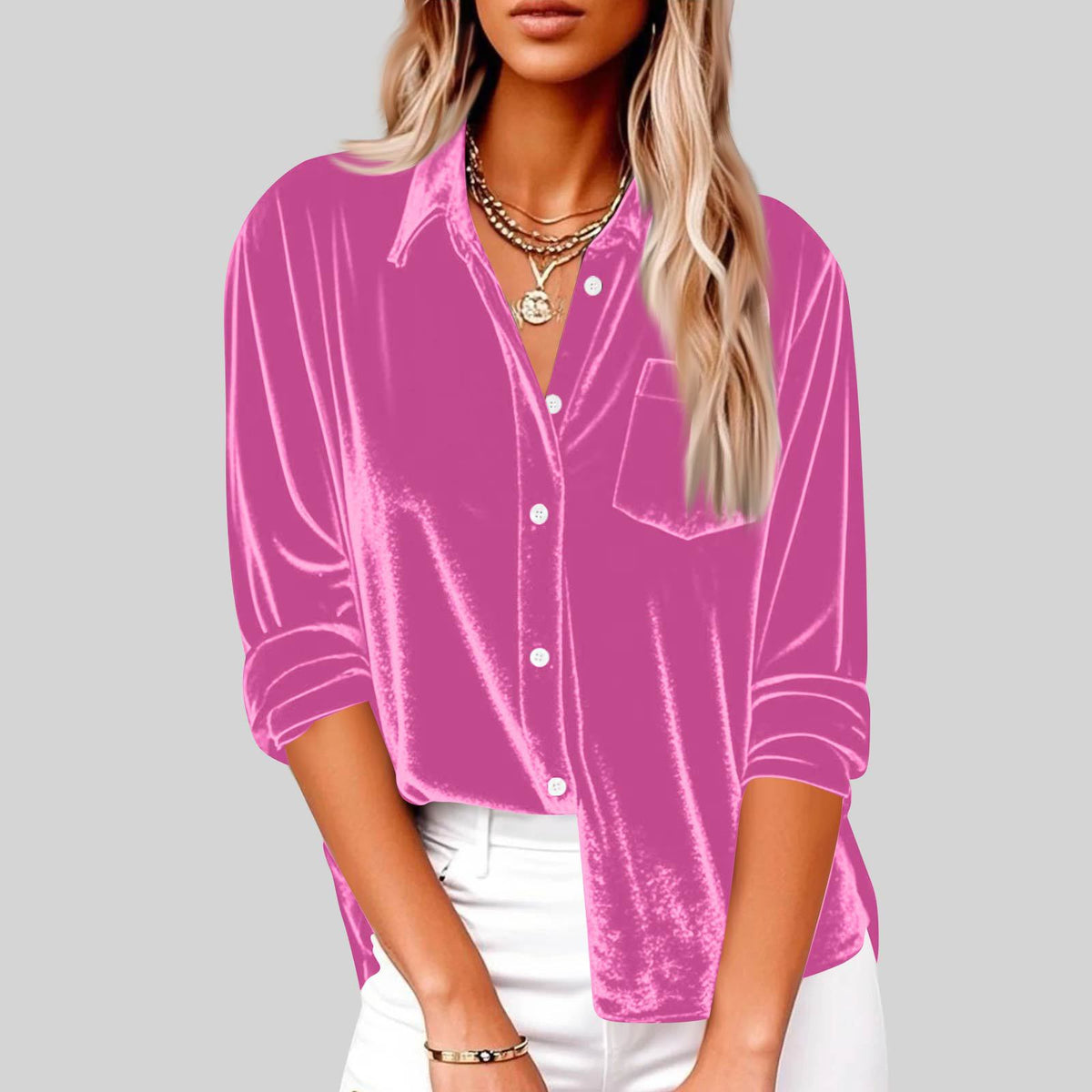Women's Fashion Casual Long Sleeve Lapel Gold Veet Loose With Blouse