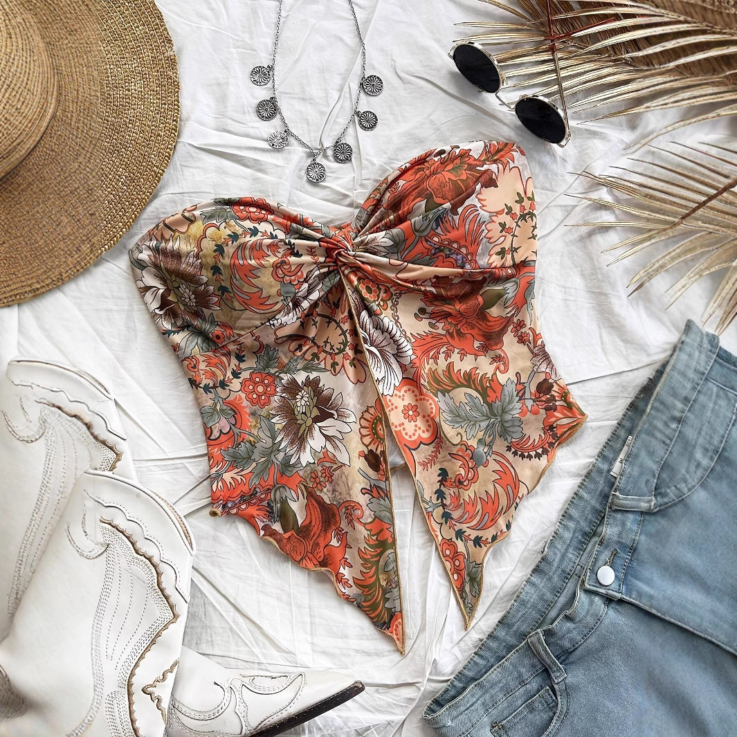 Printed Asymmetric Hem Vacation Style Wrapped Small Vest/suspenders/tube Top