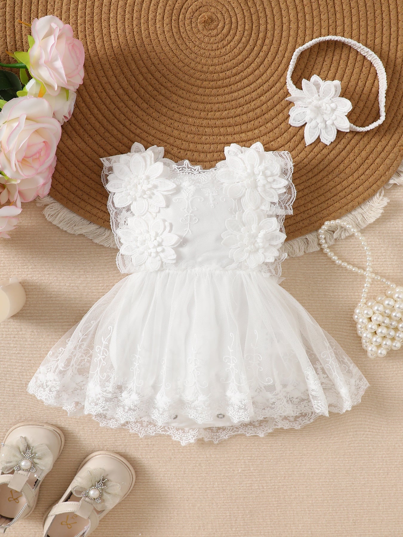 Trim Mesh Rompers Flower Romper Tulle Tutu Princess Dress Hair Jumpsuit, Climbing Suit