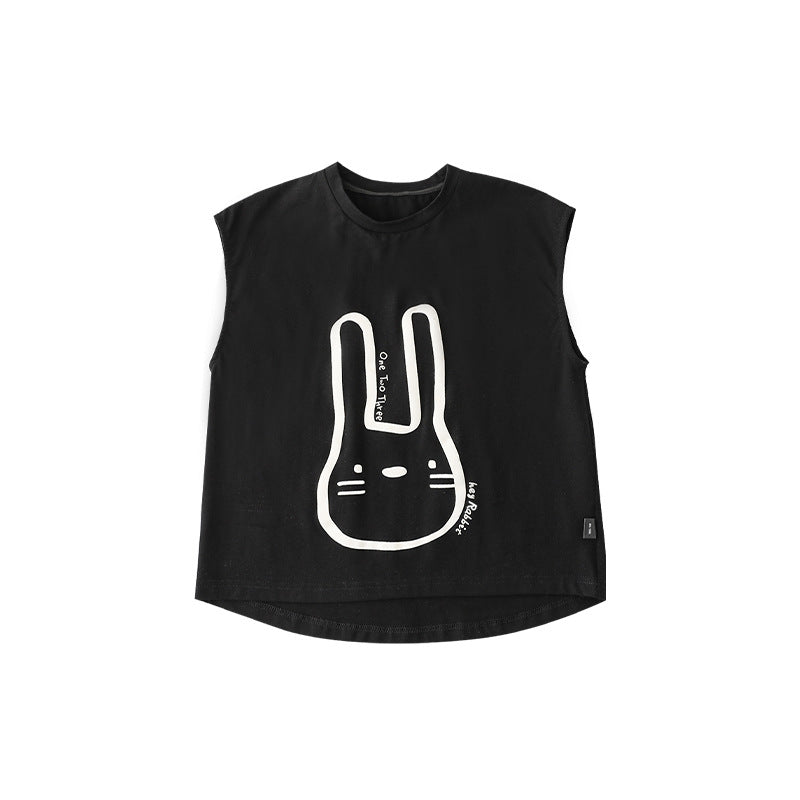Children's Rabbit Embroidered Printed Contrast Color Round Neck Sleeveless Vest Summer Children's T-shirt