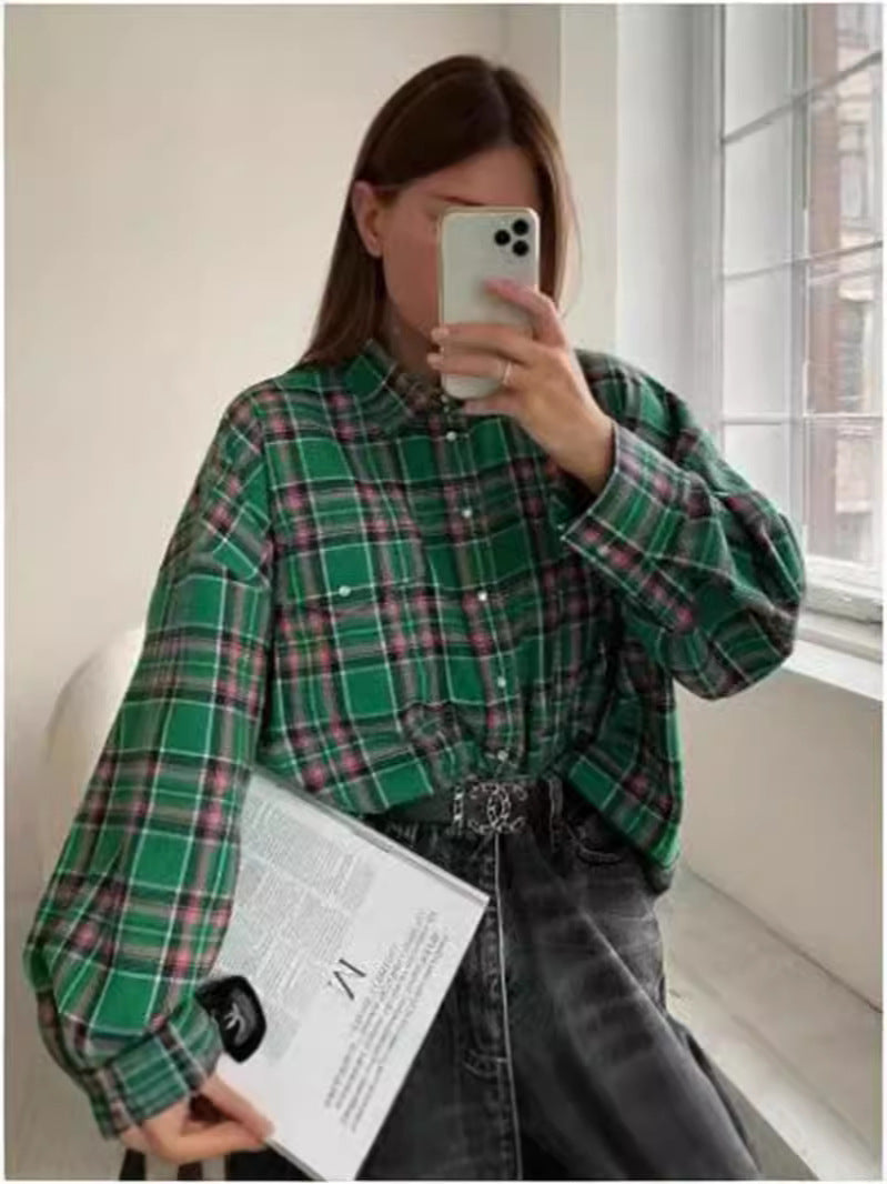 Women's Style Lapel Loose Shirt Plaid Long Sleeve Blouse