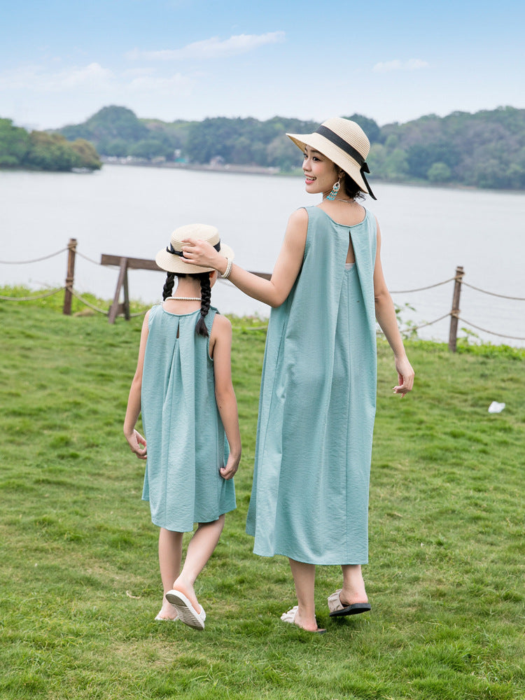 Dress French Style Mori Pleated Sleeveless Idle Loose Vest Long Parent-child Outfit