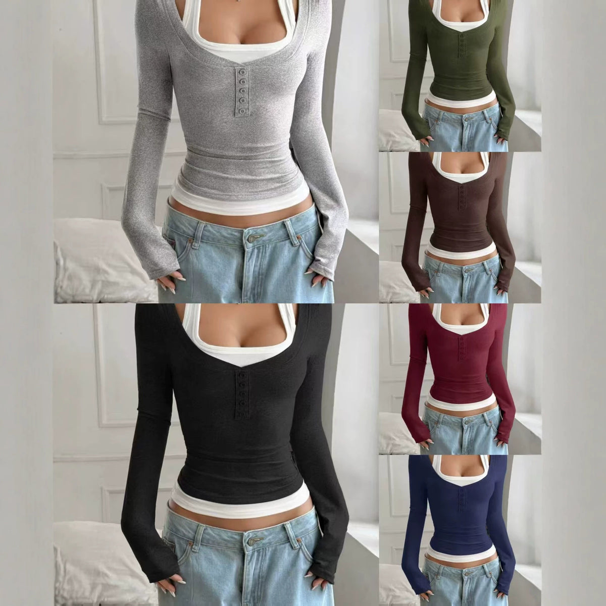 Women's Hot Style Fake Two-piece Suspender Long-sleeved Women's T-shirt