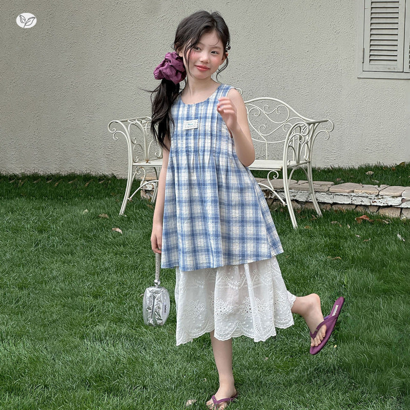 Children's Style Medium Big Blue White Plaid Sleeveless Fake Two-piece Lace Children's Dress