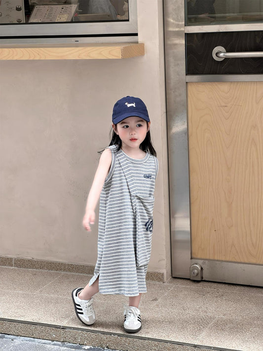 Casual Gray Striped With Bag Slit Hemline At Hem Long Children's Dress