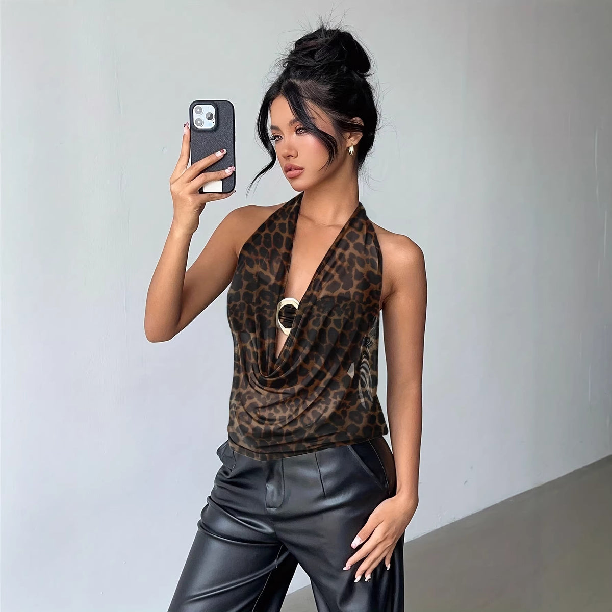 Leopard Print Backless Fashion Sexy Sleeve Casual Small Vest/suspenders/tube Top
