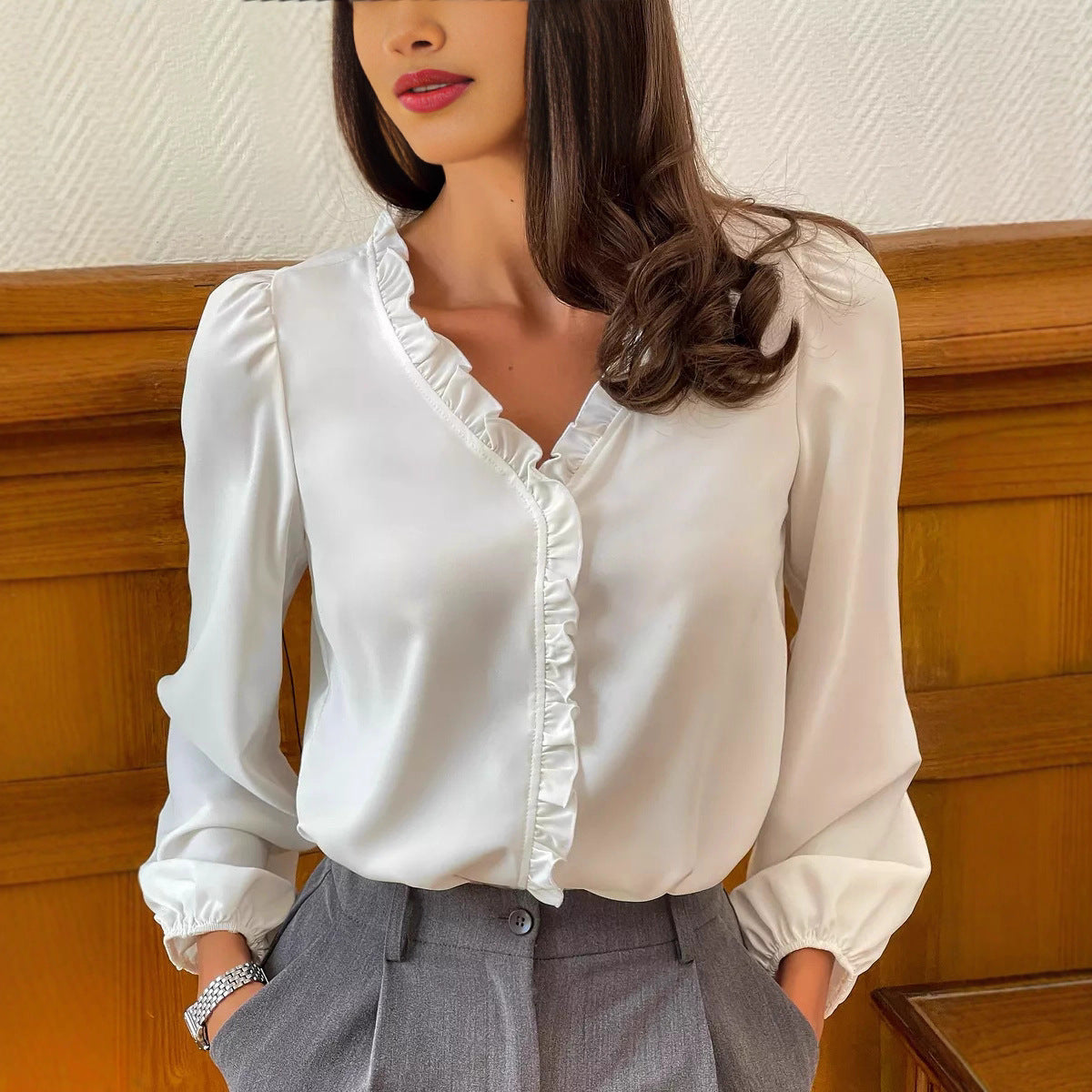Comfortable Women's Long Sleeve Ruffle Shirt Blouse