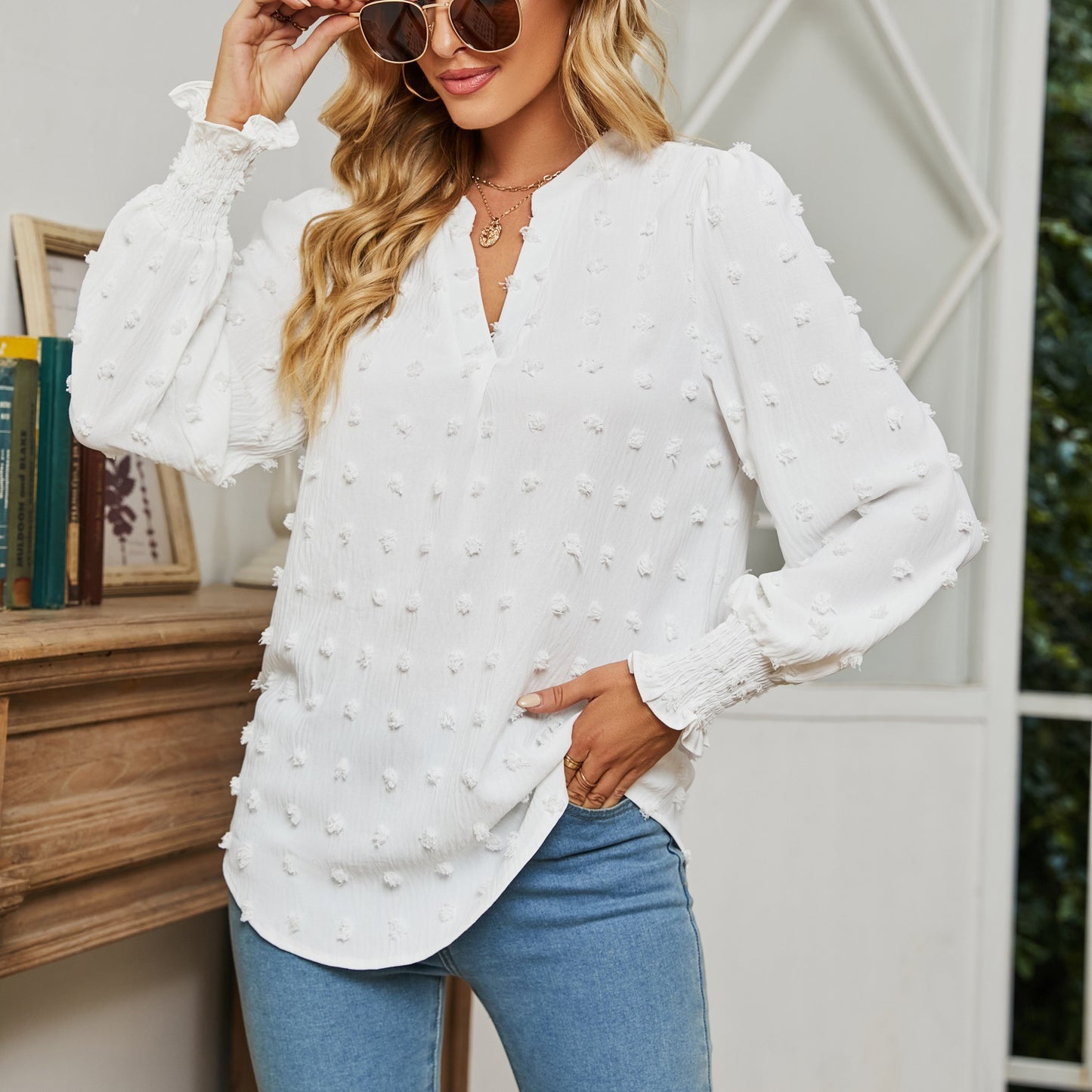 Women's Autumn Polka Dot Long-sleeved Bubble Sleeve Tops